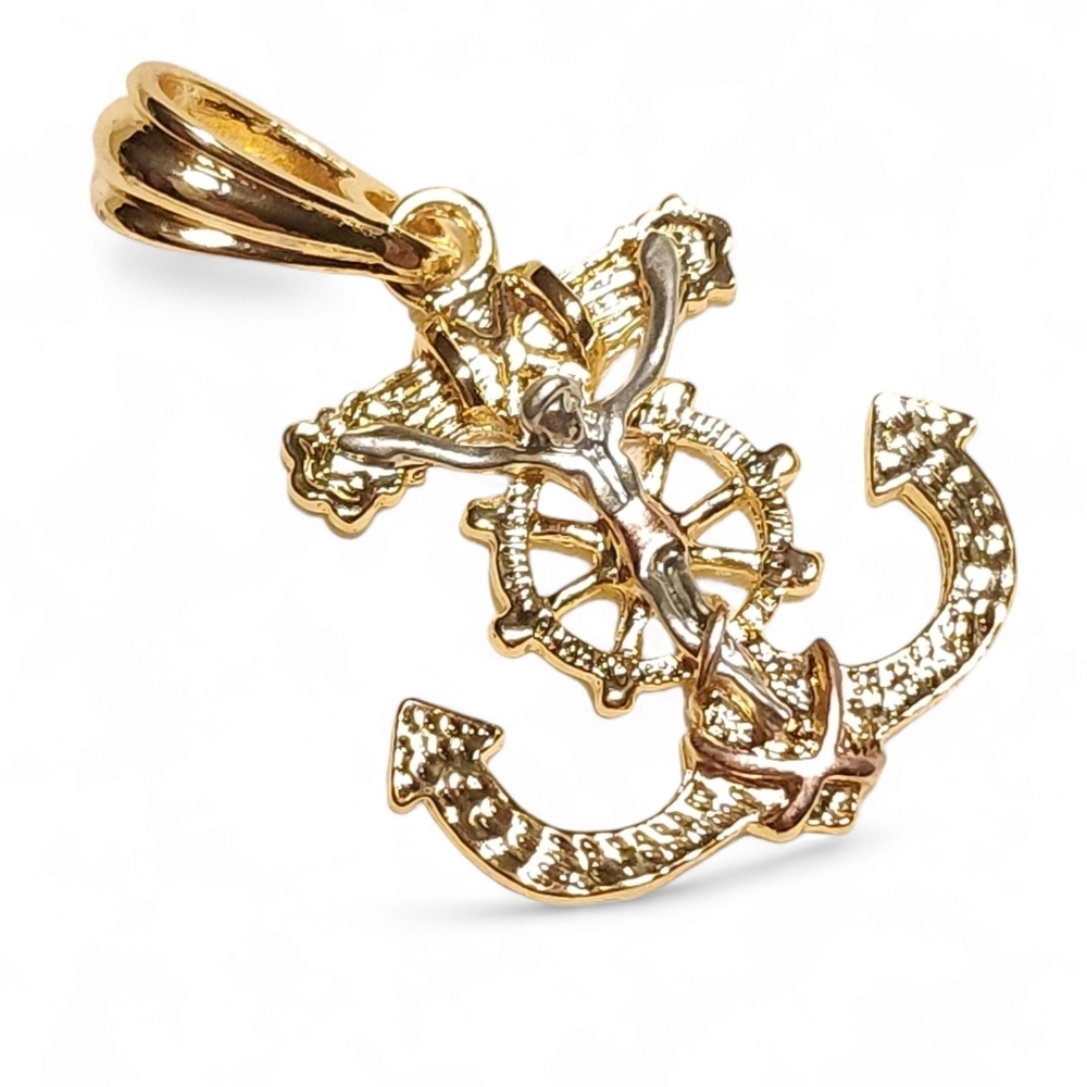 Anchor Cross and Jesus Design 18k Gold Layered Tri-tone Religious Pendant